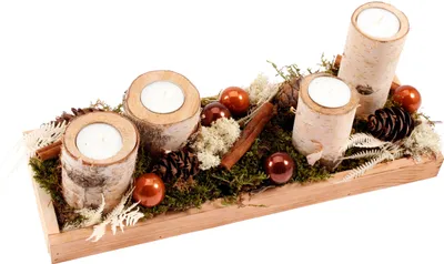 Produktbild von Adventsgesteck länglich Holztablett mit Birkenholz-Kerzenhaltern CreaFlor Home