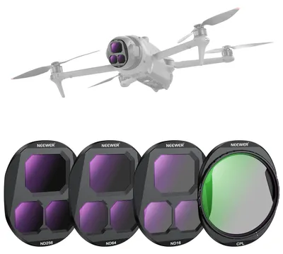 Produktbild von NEEWER CPL + ND Filter Set kompatibel mit DJI Mavic 4 Pro Drone (4er Pack), aufschraubbarer zirkularer Polfilter ND16 ND64 ND256 mehrfach beschichteter optischer Glas Graufilter, mit Aufbewahrungsbox