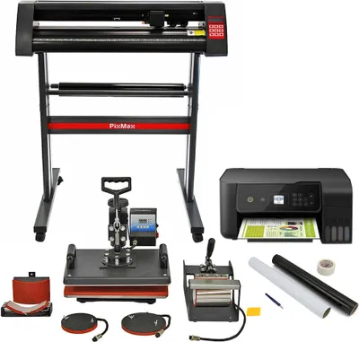 Immagine prodotto di PixMax Kombi 5 in 1: pressa oscillante, pressa per magliette, pressa a caldo, pressa per trasferibili, pressa per tazze, pressa per cappellini, pressa per piatti; include plotter da taglio PixMax, plotter per pellicole, plotter e stampante a getto d'inchiostro