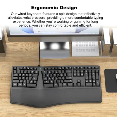 Zdjęcie produktu dla Ergonomiczna klawiatura przewodowa K110 z wygiętym korpusem i zakrzywionymi klawiszami, wyściełaną podpórką pod nadgarstki, pełnowymiarowa klawiatura z klawiszami funkcyjnymi, do zastosowań biznesowych i biurowych, 110 klawiszy, kolor czarny