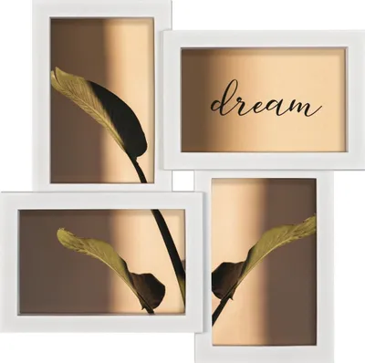 A collage of four frames, three showing a close-up of a plant leaf with shadows, and one showing the word 'dream' written in cursive.