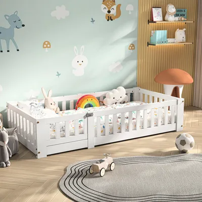 Produktbild von INONEFT Bodenbett 120x200 cm, Kinderbett mit Lattenrost und Rausfallschutz, Weiß Einzelbett aus Massivem Kiefernholz, Montessori Bett, ohne Matratze