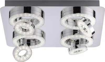 A modern ceiling light fixture with multiple chrome rings and integrated LED lights.