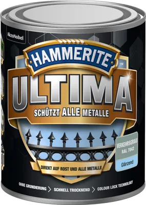 Produktbild von Hammerite Metallschutzlack Ultima Glänzend, Hochwertiger Schutzlack für alle Metalle im Außenbereich, Verkehrsgrau, RAL 7042, 750 ml
