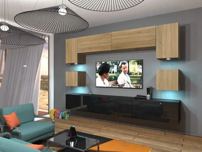 Produktbild von Furnitech Wohnwand Wohnzimmer - Wohnzimmer Möbel mit LED Weiß - Hängend Wohnwand Modern - Wohnzimmer Schrankwand(Nowara AN1-17BS-HGM35 1B)