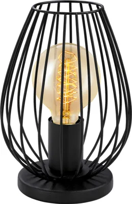 A black wire cage table lamp with a visible Edison-style bulb inside, set against a white background.