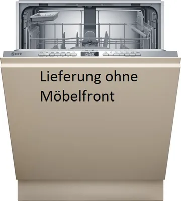 A beige dishwasher with its door open, showing the interior racks and control panel.