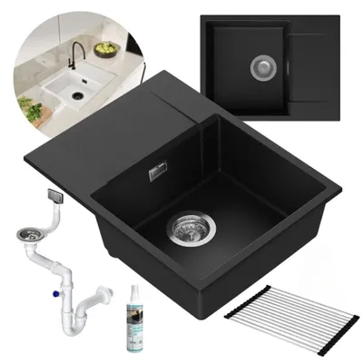Produktbild von GRANMASTER MODENA Granitspülbecken Komplett-Set, manueller Siphon, Imprägniermittel und Rollmata – 1-komoriger Spülbecken, kratzfest, hitzebeständig