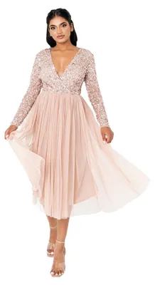 Produktbild von Maya Deluxe Damen Maya Faux Warp Front Embellished Midi Bridesmaid Dress, Taupe