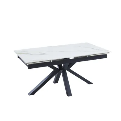 Zdjęcie produktu dla CasaDolce Rozkładany stół do jadalni ARESANA, 160/240x90x76 cm, biały marmurowy wzór ze złotymi żyłkami, blat wykonany ze spiekanego kamienia, czarne metalowe nogi