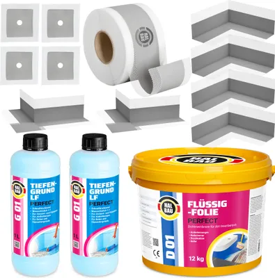 Produktbild von Dichtset Flüssigfolie 12kg Dichtband 15m Dichtecken Manschetten Tiefengrund H33