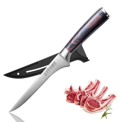 Obrázok produktu pre Nôž na filety, 15 cm. Profesionálny nôž na odstraňovanie kostí s ochranným puzdrom. Nôž na ryby s ostrou čepeľou z nemeckej nehrdzavejúcej oceli, rukoväť z materiálu Pakkaholz s vlnitým vzorom, s nepriľnavou povrchovou úpravou