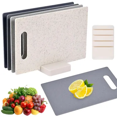 Productafbeelding van Set van 4 snijplanken met voetjes, dubbelzijdige kunststof snijplanken, set snijplanken, keukenplank, set ontbijtplanken, 28 x 18 cm