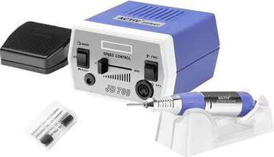 A professional nail grinder set with its main unit, handpiece, foot pedal, and drill bits.
