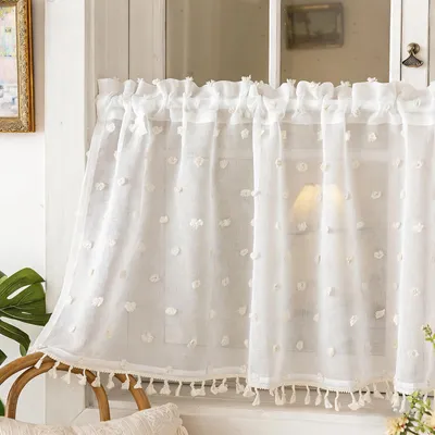 Immagine prodotto di Tenda a pannello con pompon in stile boho, in voile bianco; tenda da bistrot con nappina; tenda corta per cucina, camera da letto, soggiorno e camper, L140xA46 cm