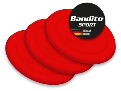 Produktbild von Bandito Airhockey Puck "Low Noise" (leise) in Turniergröße 70 mm, 24 g für aktive Spieler und Profis, mit Gummianteil für geräuscharmes Spielen, 3 St. im Set