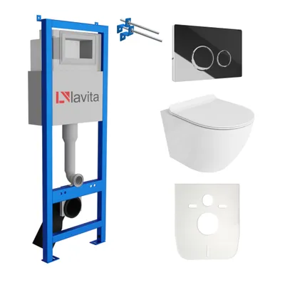 Produktbild von Lavita LAV 101 Vorwandelement für WC 40cm + Wand Hänge Tiefspül WC SOFI SLIM Weiß Spülrandlos + Bedienplatte LAV 200.4.2 Verchromt  | Komplettset | Unterputz Spülkasten | Toilette Komplett Sett