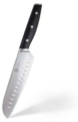 Produktbild von MasterChef Santoku Messer, Kochmesser Profi Messer aus Kohlenstoffreichem Edelstahl, Dreifach Vernieteter Griff, mit Stahl Kropf, Vollzapfen, Superscharf, 18cm Klinge, Silber
