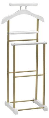 Immagine prodotto di Appendiabiti da uomo MEDINA, bianco/oro, con appendi pantaloni e supporti per giacche, porta abiti con ripiano per gioielli o orologi, ideale per la camera da letto, realizzato in MDF/metallo