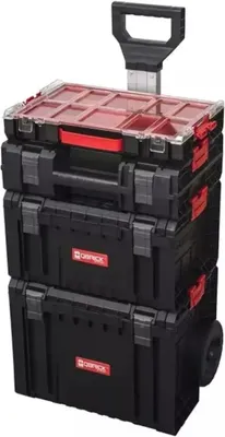 A stack of three black toolboxes with red accents and a retractable handle, shown against a white background.