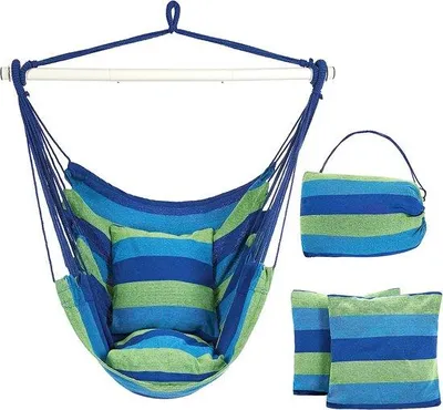Produktbild von Unyqoos® Hängesessel mit 2 Kissen – großzügige Liegefläche, Hängeschaukel bis 150 kg für Camping & Outdoor, blau/grün