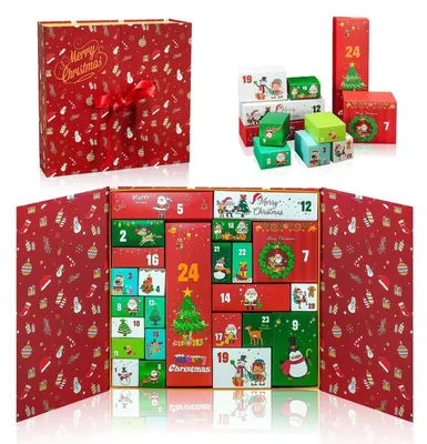 Image de Calendrier de l'Avent à remplir, boîte cadeau rouge, 24 compartiments, 33x30x8 cm