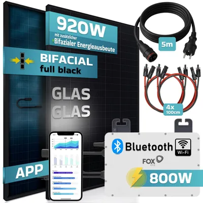 Produktbild von SUNNIVA® 920W Balkonkraftwerk BIFAZIAL FULLBLACK komplett Steckdose FOX ESS 800W Wechselrichter, PV Solaranlage, 5m Kabel, Bluetooth WIFI