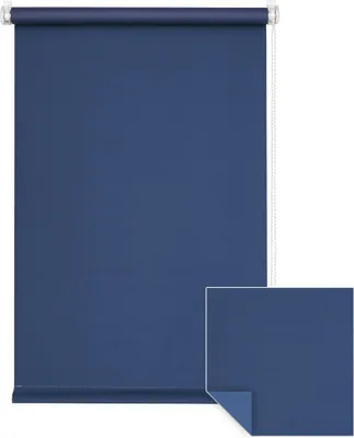 A dark blue roller blind is shown against a white background. A small inset shows a close-up of the fabric.