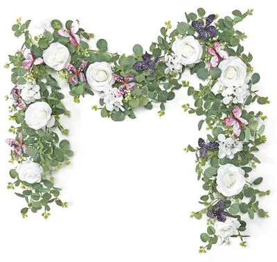 Produktbild von Künstliche Blumengirlande Eukalyptus 2 Stück 1,8m Grün mit Schmetterlingen und Rosen für Deko