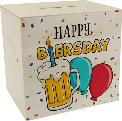 Produktbild von Happy Biersday Spardose aus Holz mit Bier und Ballons