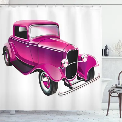 Image de Rideau de douche ABAKUHAUS rose vif, illustration rétro d'une voiture vintage, 175 x 180 cm, magenta fuchsia noir