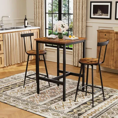 Produktbild von Bar-Tisch und Hocker-Set, Esstisch mit zwei Stühlen mit Fußpolstern, Metallgestell, Bar-Tisch-Set im Industrial-Stil,geeignet für Esszimmer, Wohnzimme