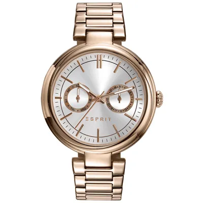 A close-up studio shot of a rose gold Esprit watch with a silver dial.