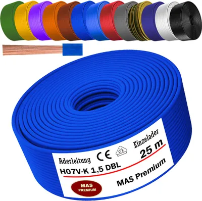 Image de Câble d'alimentation de 25 mètres, type H07 V-K DBL, section 1x1,5 mm², de couleur bleu foncé, monoconducteur, flexible