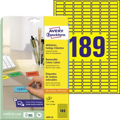 Produktbild von Avery Zweckform L6037-20 Farbige Etiketten, 25,4 x 10 mm, 20 Blatt/3.780 Etiketten, gelb
