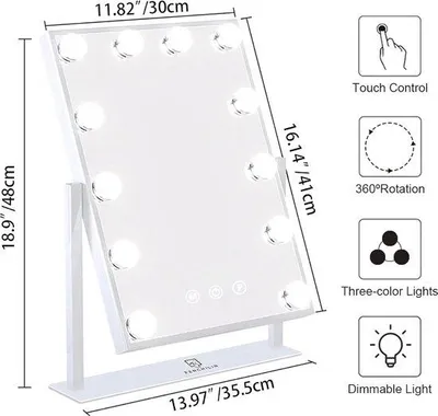Productafbeelding van Draaibare Make-up Spiegel met Verlichting - 12 Dimbare LED Lampen, 3 Lichtkleuren, 10x Vergroting, Touch Bediening, Wit, 30x41 cm"
