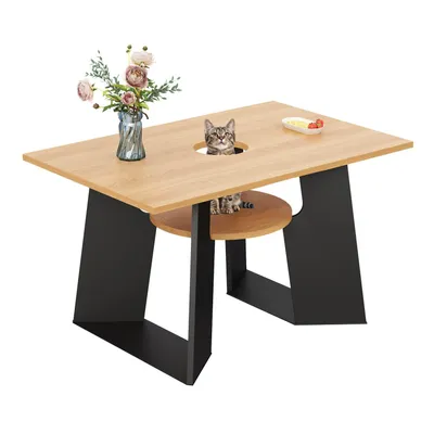 Produktbild von Haustierfreundlicher Esszimmer-Küchentisch mit Haustierbereich & Ablagebrettchen, rechteckig für 6 Personen (130×85×75 cm), Naturholz-Schwarz Mix