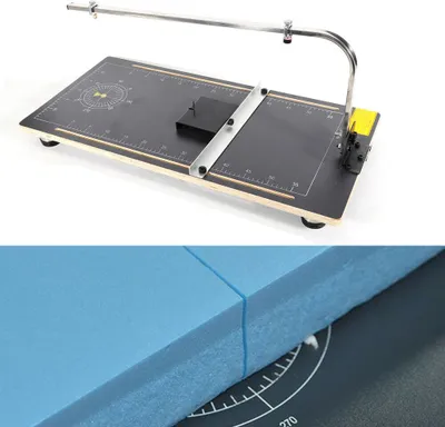 A foam cutter machine and a close-up of cut foam.