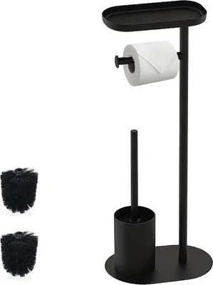 Obrázok produktu pre Držiak toaletného papiera stojací s poličkou – WC kefa – 2 náhradné hlavice – Čierna – 67 x 23 x 17 cm