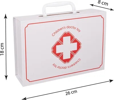 A white doctor's kit toy case with red trim and a red cross symbol.