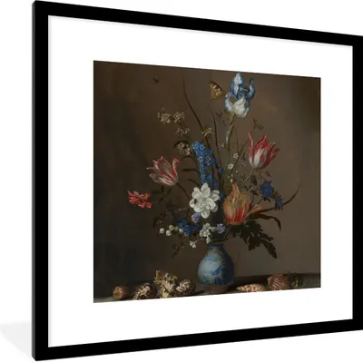 Produktbild von MuchoWow® Gerahmtes Poster Blumen in einer Wan-Li-Vase und Muscheln - Gemälde von Balthasar van der Ast 40x40 cm - Poster mit Schwarzem Bilderrahmen Wandposter Rahmen Foto Bilder - Poster - Plakat im Rahmen