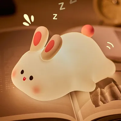 Produktbild von Silikon Hasen Lampe, Niedliches Cartoon Häschen Nachtlicht, Touch Licht, LED Nachtlicht, Nachtlampe USB-Aufladbar mit Timer, 7 Farbe dimmbar