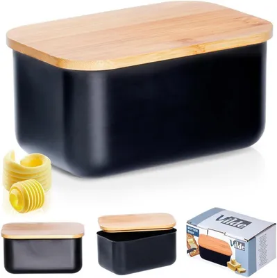 Imagen del producto de Recipientes para mantequilla de acero  con tapa de bambú, de 15 x 10 x 3 cm, para la cocina