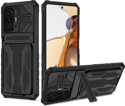 Produktbild von Xiaomi Mi 11T Pro Hülle, Hybrid Robust Schutz Stoßfest Schutzhülle mit Kartenhalter Ständer für Xiaomi Mi 11T / Mi 11T Pro Schwarz