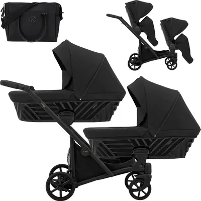 Produktbild von Kinderwagen IVENTO DUO 2 in 1 Komplettset Zwillingskinderwagen Geschwisterwagen Zwillingsbuggy Doppelkinderwagen (Deep Black, Rahmenfarbe: schwarz)