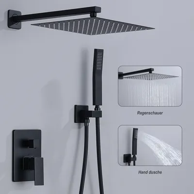 Produktbild von Schwarz Duschsystem mit Thermostat HOMELIVE Unterputz Regendusche Duschsystem Eckig Komplett Duschgarnitur mit Wasserfall-Wannenauslauf Duschset