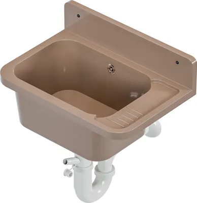 A brown sink with plumbing attached, shown from a slightly elevated angle against a white background.
