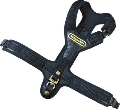 A black dog harness is displayed against a white background.