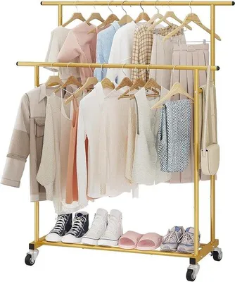 Productafbeelding van Kledingrek Dubbele Stang - Kledinghanger Mobiel - Kleding Opbergen - Verrijdbaar Met Rem - 160 cm Hoog - Goud