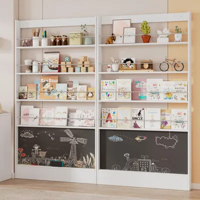 Immagine prodotto di Scaffale Flieks, set da 2 con lavagnetta, scaffale portaoggetti, scaffale espositivo, scaffale angolare a 4 ripiani, scaffale per libri per bambini 100x10x180 cm, bianco